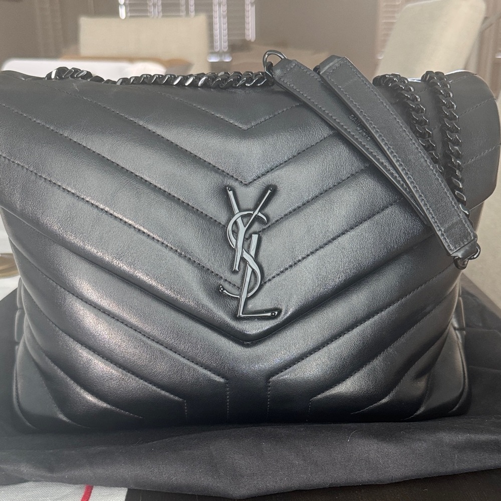 Yves Saint Laurent Medium LouLou Black Chevron Shoulder Bag
